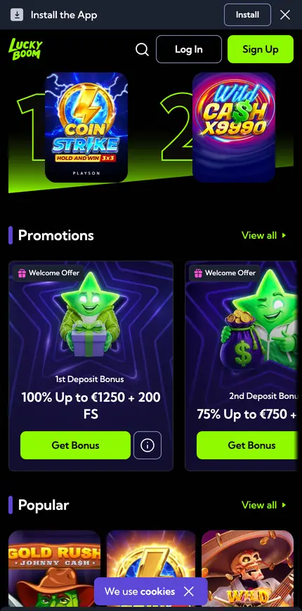Le lobby LuckyBoom sur un téléphone